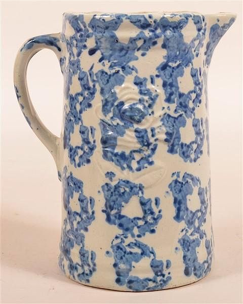 Appraisal: Blue Sponge Decorated Stoneware Pitcher Blue Sponge Smoke Ring Decorated