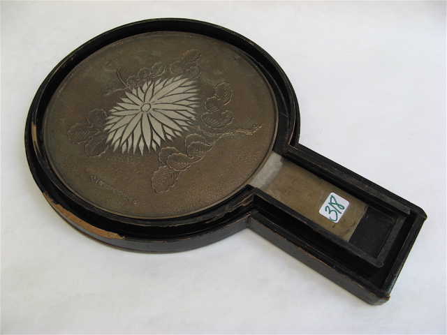 Appraisal: JAPANESE BRONZE HAND MIRROR BLACK LACQUER BOX the mirror decorated