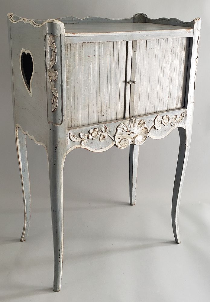 Appraisal: French Lime Washed Decorated Tambour Side Table French Lime Washed