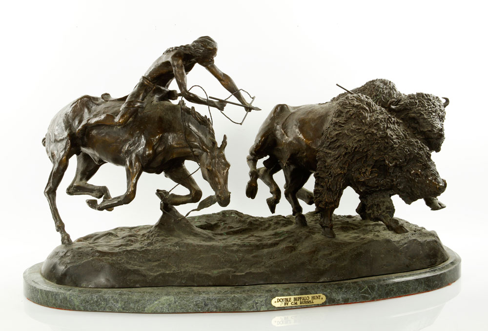 Appraisal: - Remington Double Buffalo Hunter Bronze Sculpture Frederic Remington American