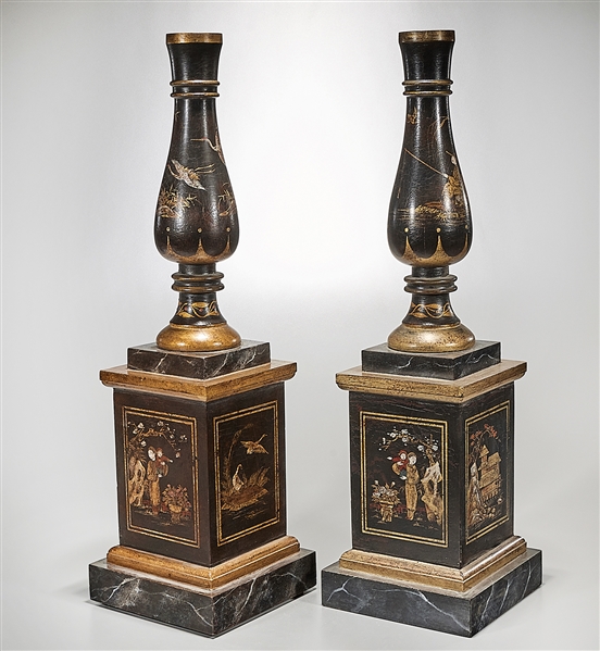 Appraisal: Pair of Chinese painted wood candlesticks with square form bases