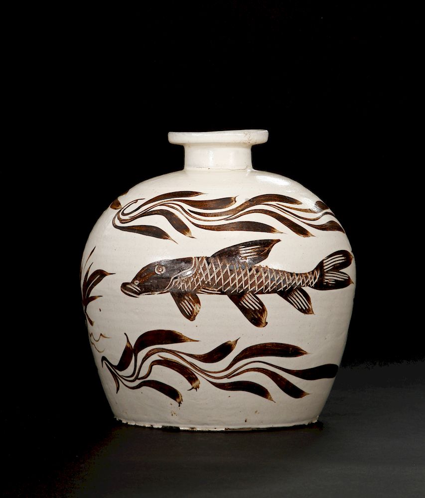 Appraisal: Cizhou White-Ground Painted Truncated Meiping The globular body rising from