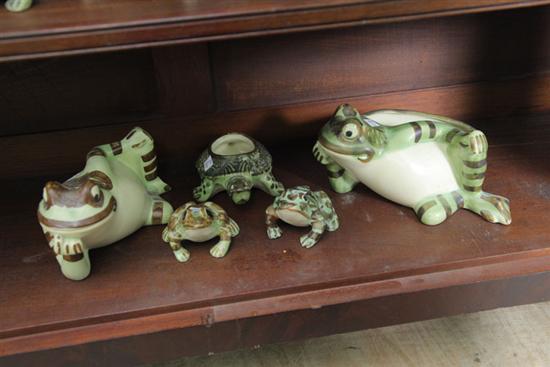 Appraisal: GROUP OF FIVE BRUSH POTTERY GARDEN FIGURES FOUR FROGS AND