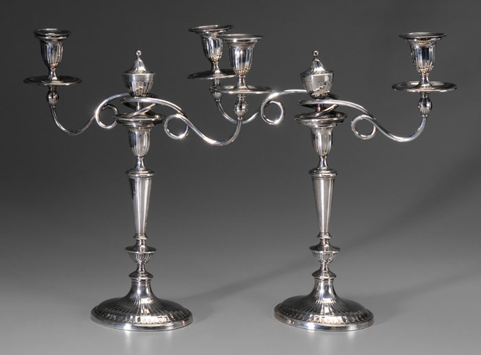 Appraisal: Adam Style Silver-Plate Candelabra probably English th century paneled with