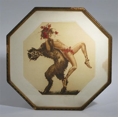 Appraisal: A Max Brunning drypoint etching of a satyr and Bachanalian