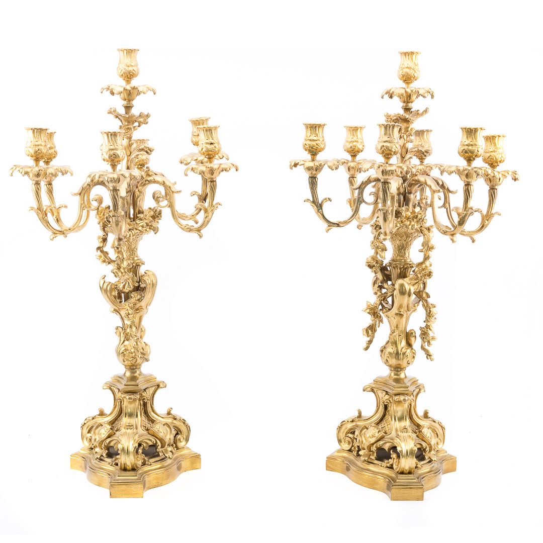 Appraisal: Pair Louis XV-style bronze dore candelabra th century scrolling tripartite