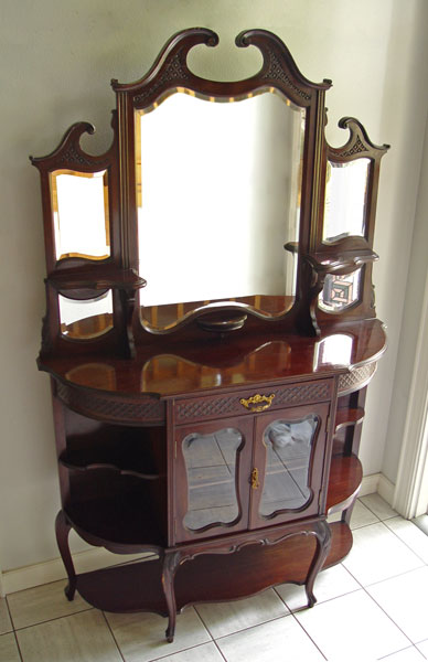 Appraisal: EDWARDIAN MAHOGANY ETAGERE DISPLAY SIDE CABINET Top with beveled mirrors