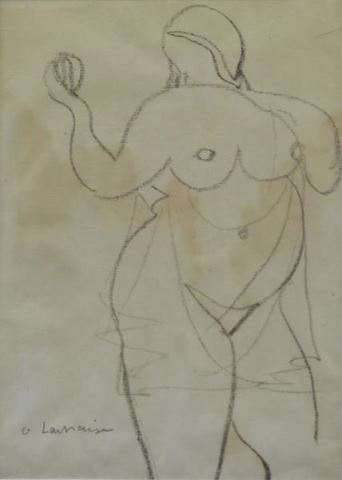 Appraisal: LACHAISE Gaston Conte Crayon on Paper DrapedNude Holding Ball Signed