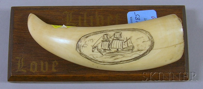 Appraisal: Scrimshaw Sailing Ship Decorated Whale's Tooth mounted on wood base