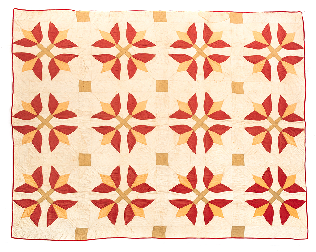 Appraisal: COTTON PIECEWORK QUILT American th century Tulip pattern variant in