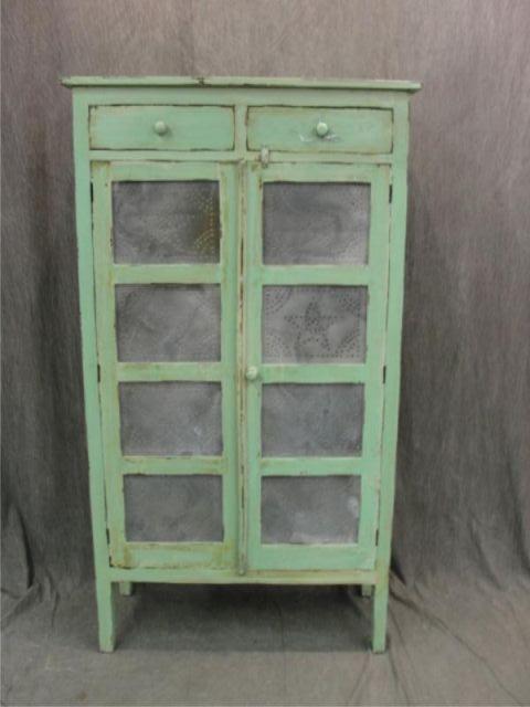 Appraisal: Green Painted and Decorated Tin Pie Safe From a Stamford