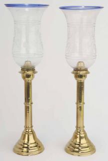 Appraisal: Pair of Russian Brass Candlesticks with Etched Glass Hurricanes marked