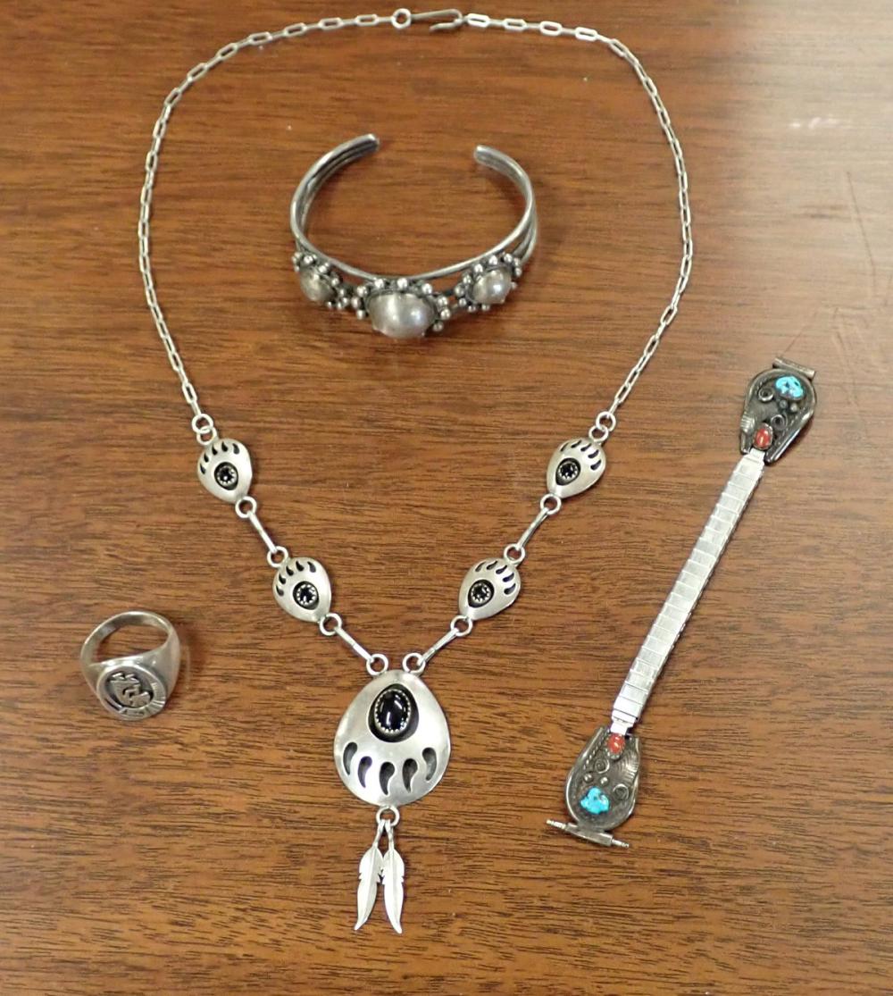 Appraisal: FOUR ARTICLES OF NATIVE AMERICAN SILVER JEWELRY including a -