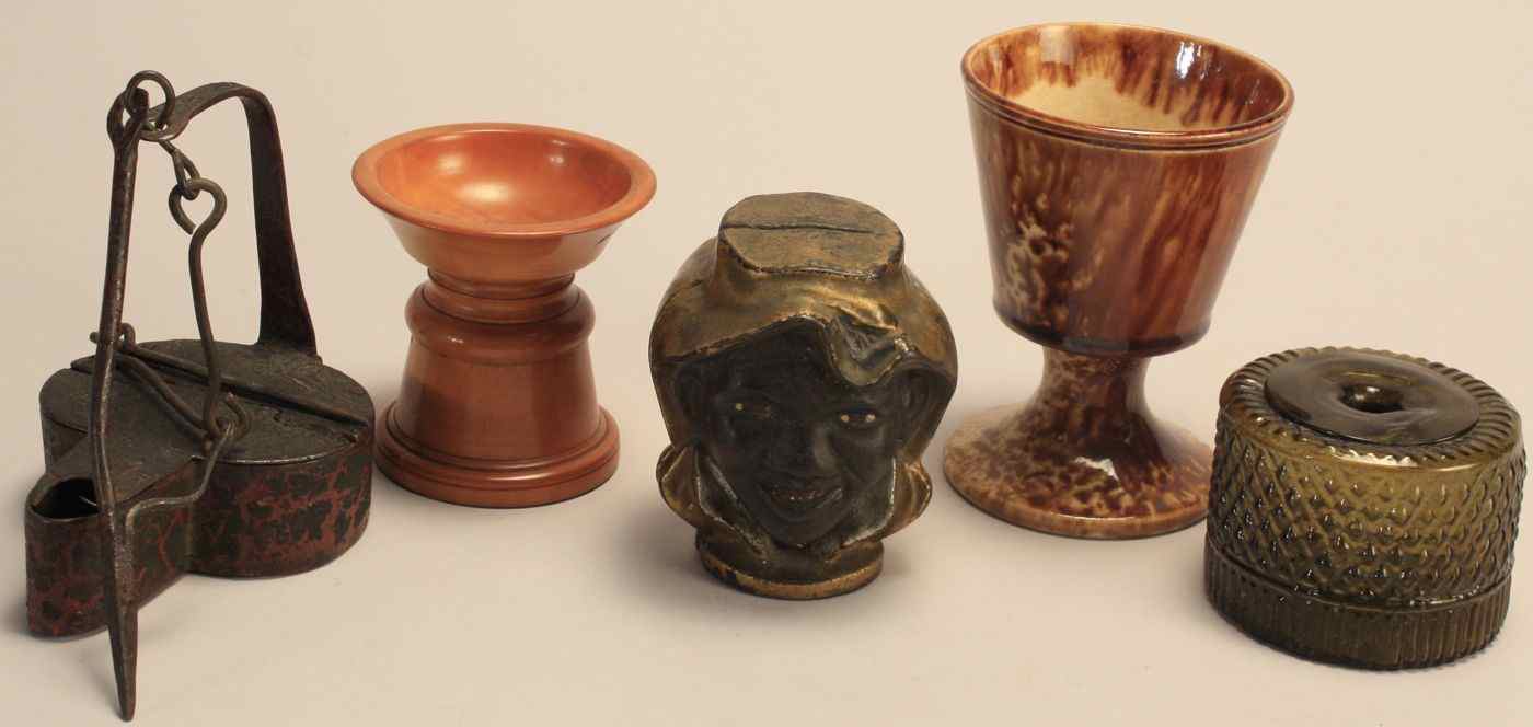 Appraisal: LOT OF FIVE ITEMS th Century Rockingham chalice height Olive