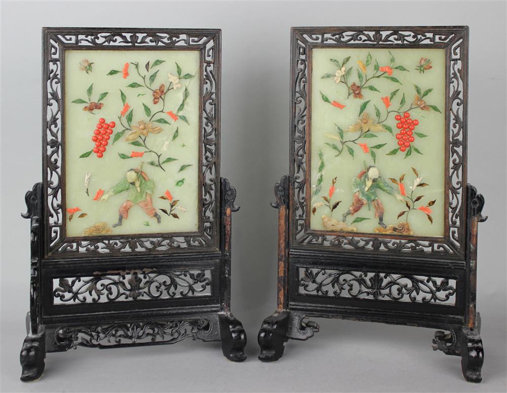 Appraisal: PAIR OF CHINESE HARDSTONE INLAID TABLE SCREENS IN STANDS