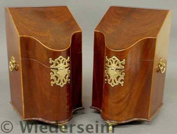 Appraisal: Pair of Federal style inlaid mahogany knife boxes with brass