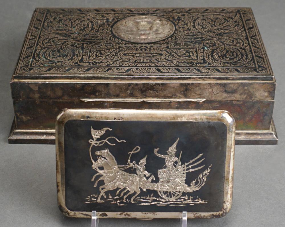 Appraisal: THAI NIELLO AND STERLING SILVER PRESENTATION STATIONARY BOX AND CIGARETTE