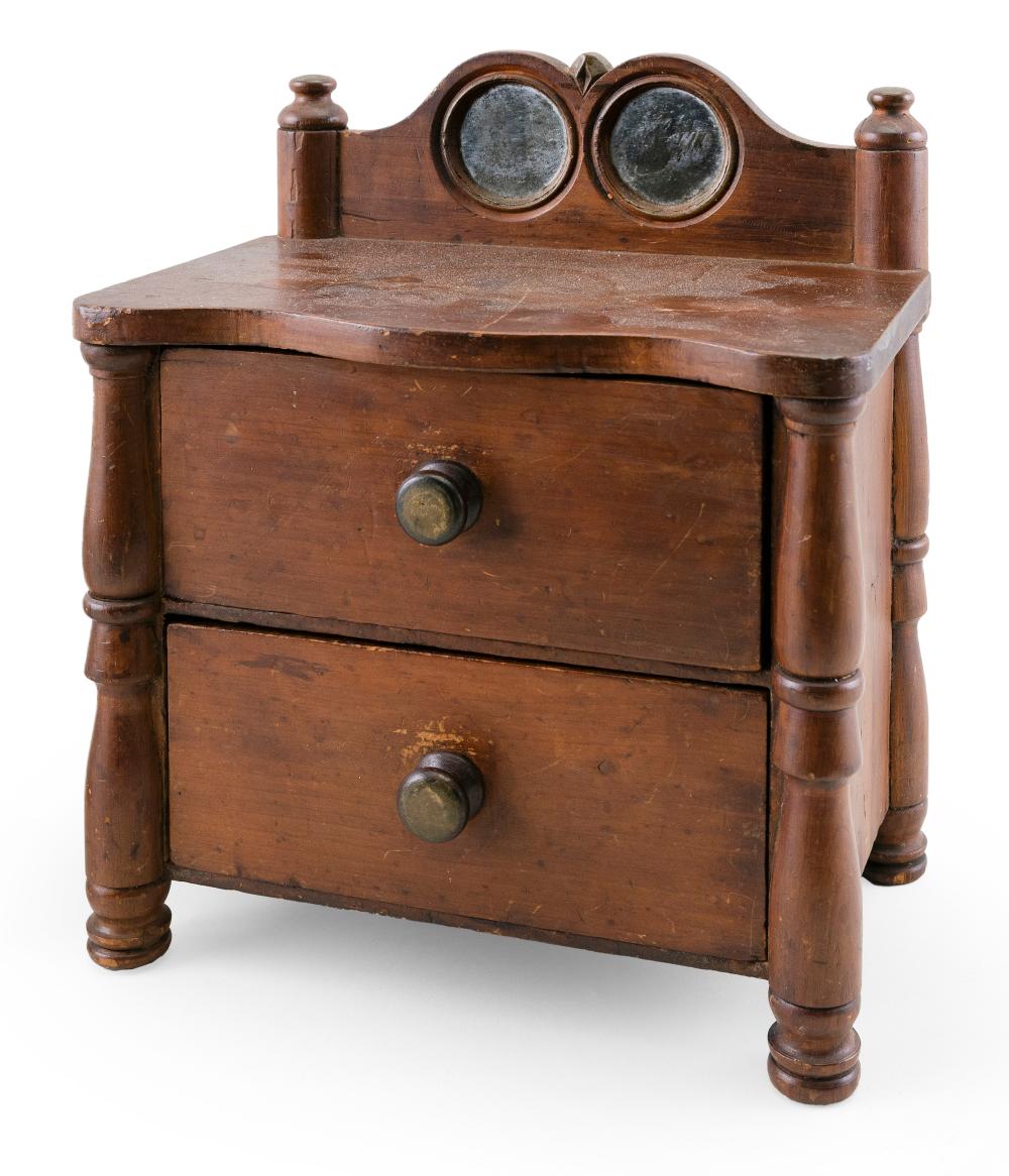 Appraisal: MINIATURE TWO-DRAWER CHEST WITH MIRRORED BACKSPLASH LATE TH CENTURY HEIGHT