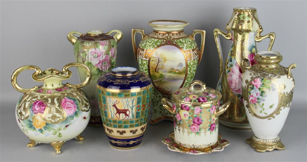 Appraisal: GROUP OF EIGHT NIPPON PORCELAIN ITEMS including handled vases -