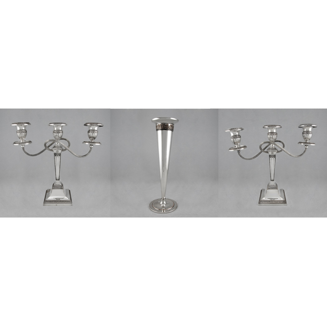 Appraisal: Pair of Neoclassical Style Silver Plated Three-Light Candelabra Together with