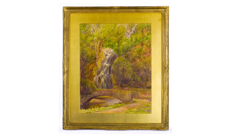 Appraisal: th th Century Large Watercolour Titled ' Waterfall' Indistinct signature