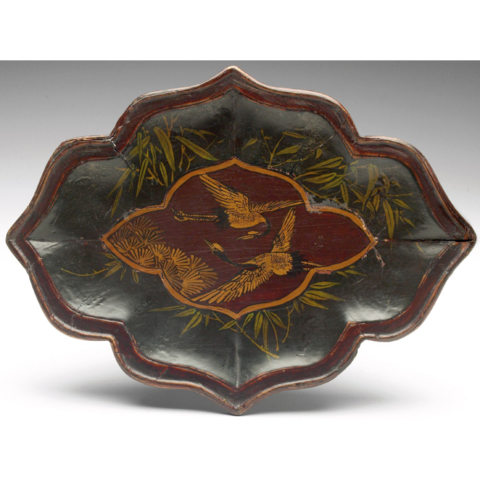 Appraisal: Chinese wood tray leaf form with inlaid design of birds