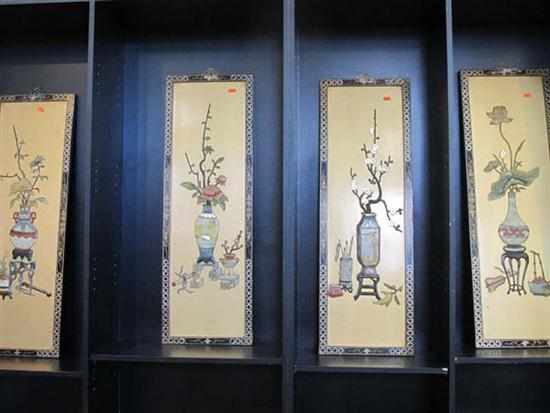 Appraisal: FOUR CHINESE STONE AND MOTHER OF PEARL INSET PANELS