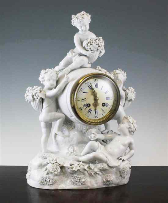 Appraisal: A Continental white glazed porcelain figural mantel clock late th