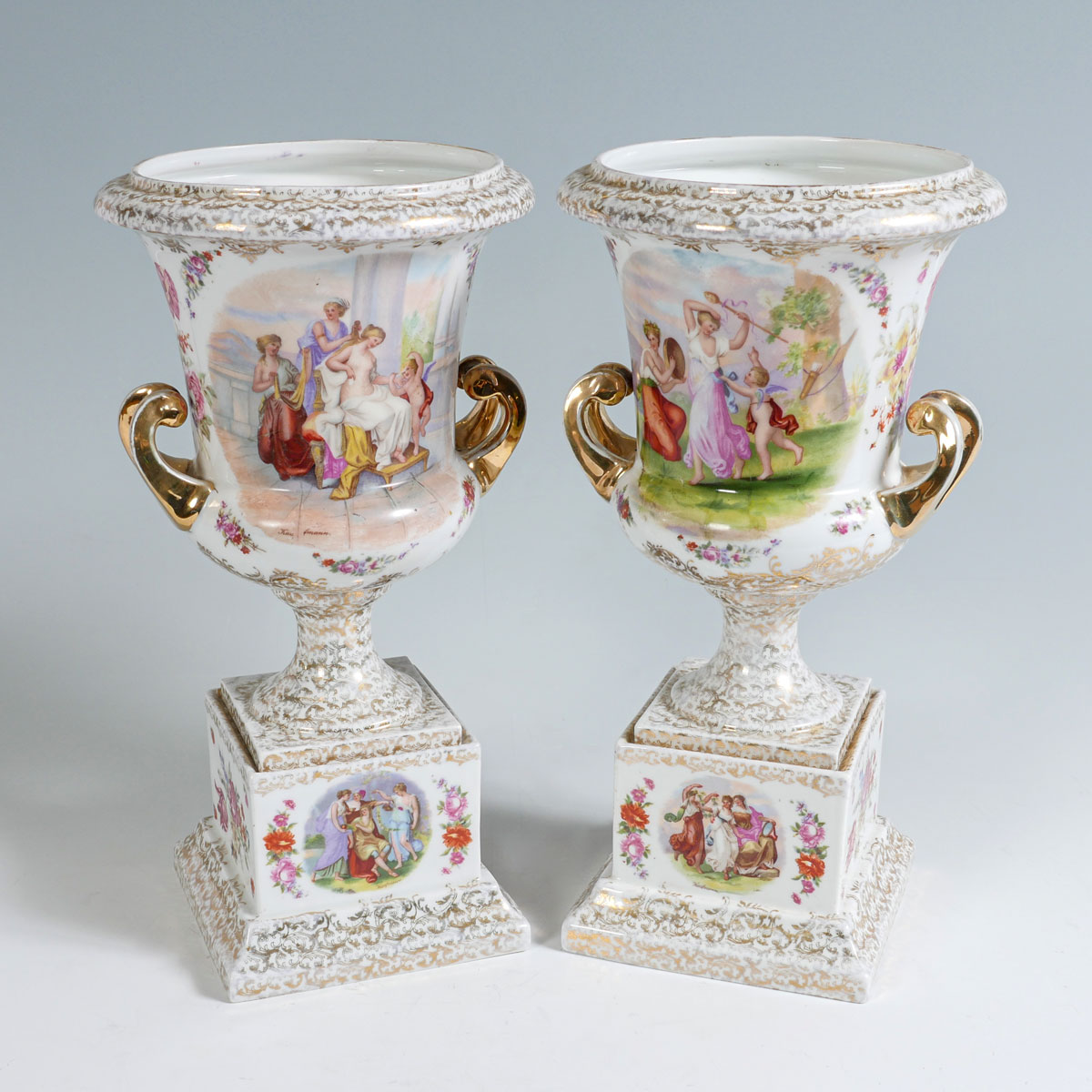 Appraisal: TWO VOIT SITZENDORF GERMAN PEDESTAL URNS Tall German Voit Sitzendorf