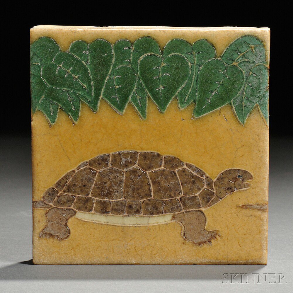 Appraisal: Grueby Pottery Tile Art pottery Decorated by Kiichi Yamada Boston