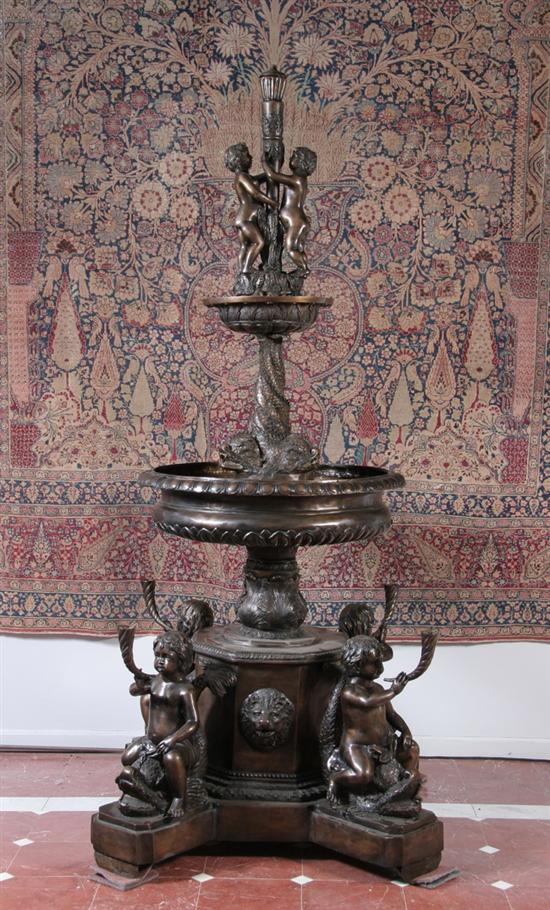 Appraisal: CONTINENTAL STYLE PATINATED BRONZE TWO-TIER FOUNTAIN th century In two