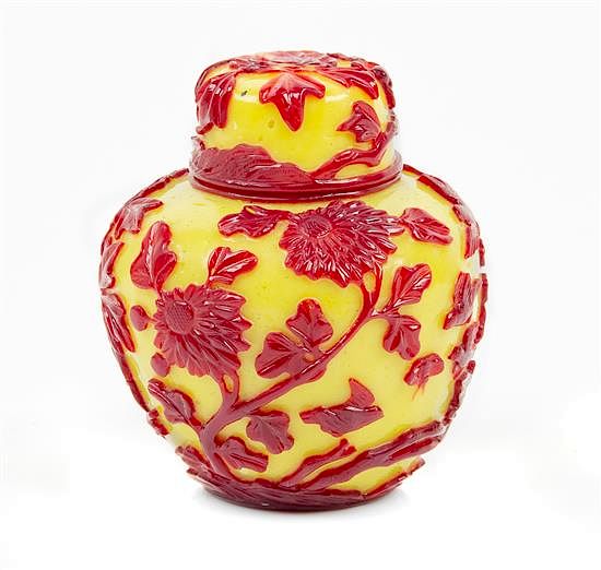 Appraisal: A Red Overaly Yellow Peking Glass Ginger Jar and Cover