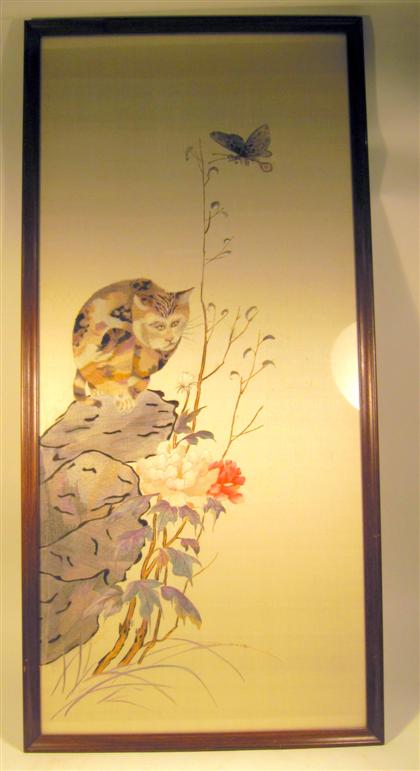 Appraisal: Japanese framed needlepoint pictureDepicting a tabby cat seated on a