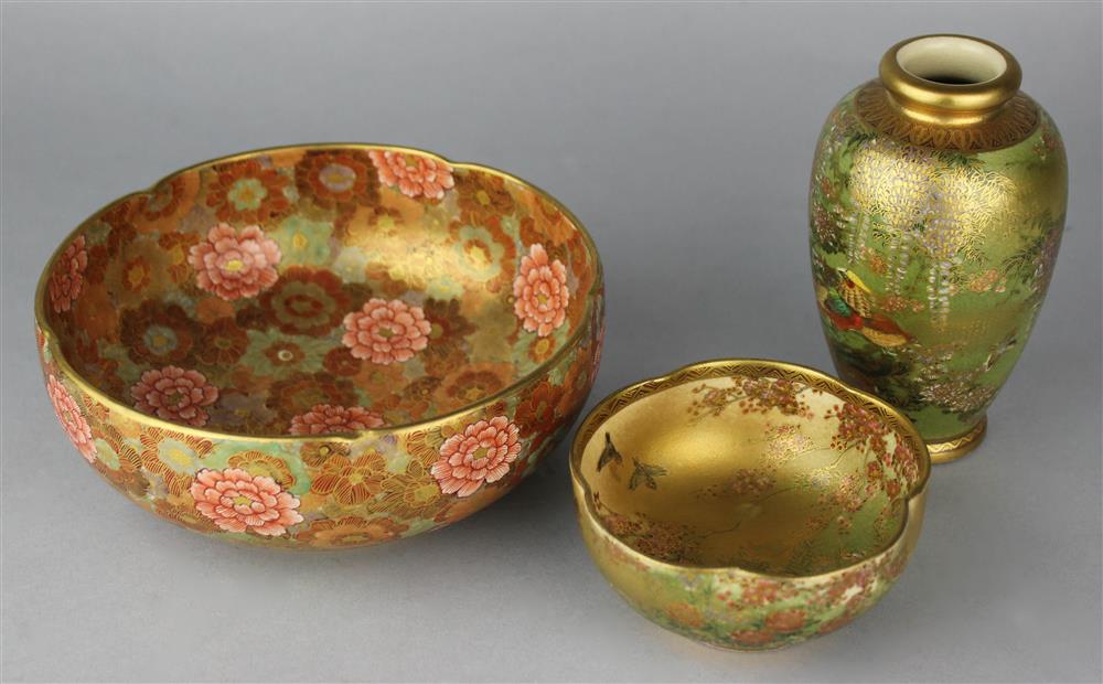 Appraisal: THREE JAPANESE SATSUMA WARES including a small tapering ovoid vase