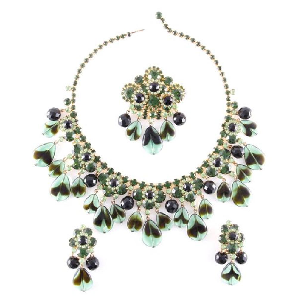 Appraisal: UNSIGNED S JULIANA PARURE WITH GREEN BLACK FLORAL CRYSTALS AND