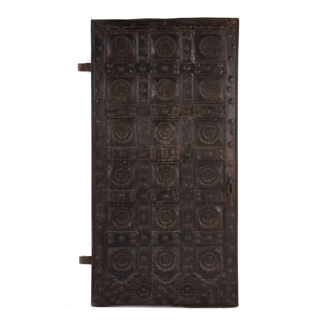 Appraisal: Indian hand-carved painted oak door th th century grid panels