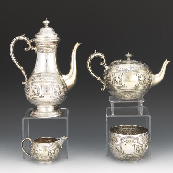 Appraisal: SCOTTISH SILVER PLATED FOUR-PIECE TEA COFFEE SERVICE ZODIAC PATTERN CA