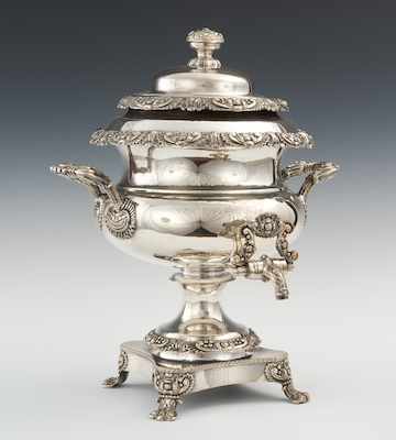 Appraisal: A Large Antique Silver Plated Tea Urn Adorned with bands