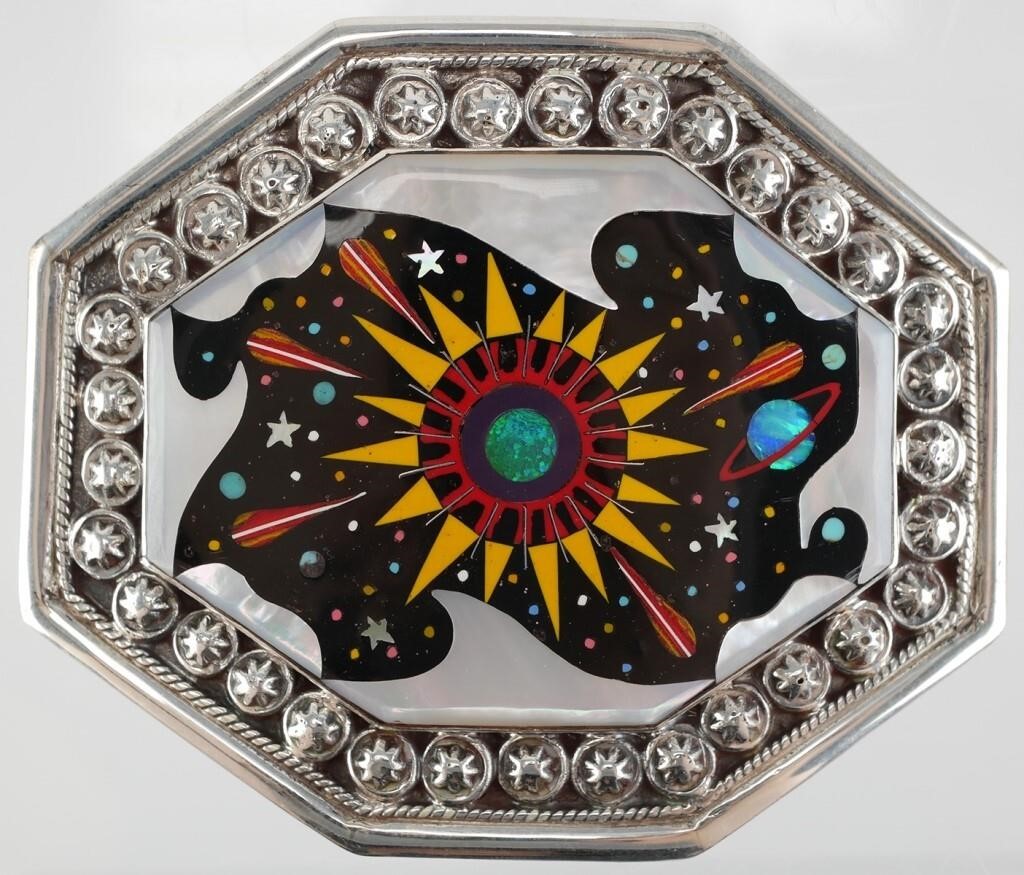 Appraisal: Native American style sterling silver belt buckle featuring a cosmos