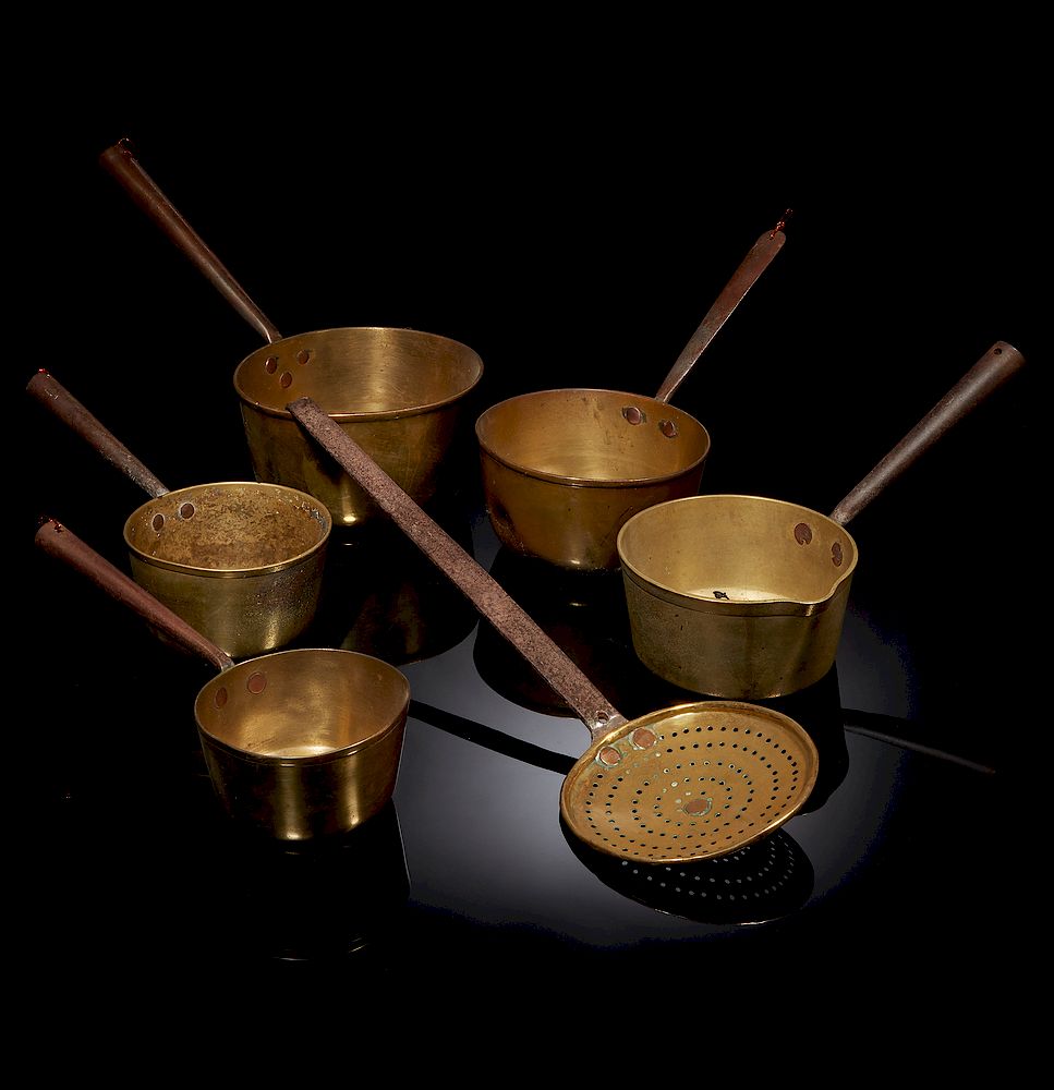 Appraisal: Brass Pots and Skimmer Five heavy brass pots with handles