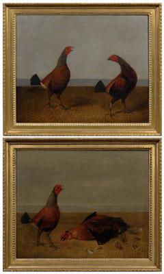 Appraisal: Pair cockfighting paintings quot The Fight quot and quot The