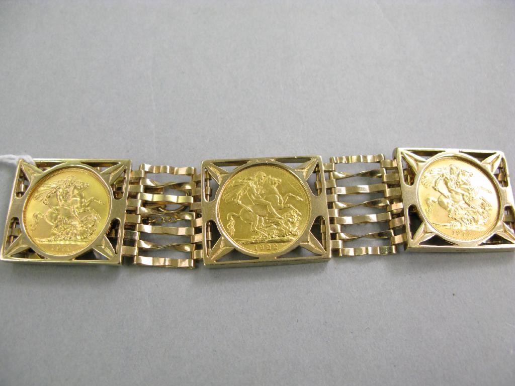 Appraisal: A ct gold gate bracelet with three inset sovereigns ct