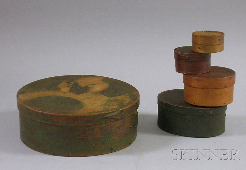 Appraisal: Five Small Wooden Lap-sided Covered Boxes including painted and Shaker