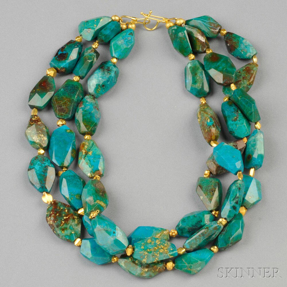 Appraisal: Triple-strand Azuremalachite Bead Necklace composed of shaped azuremalachite beads spaced