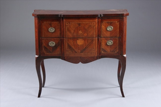 Appraisal: FRENCH LOUIS XV XVI-STYLE MARQUETRY INLAID COMMODE th century rebuilt