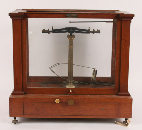 Appraisal: Antique encased Georgian-style pharmacy balance scale Henry Troemner Phila horn