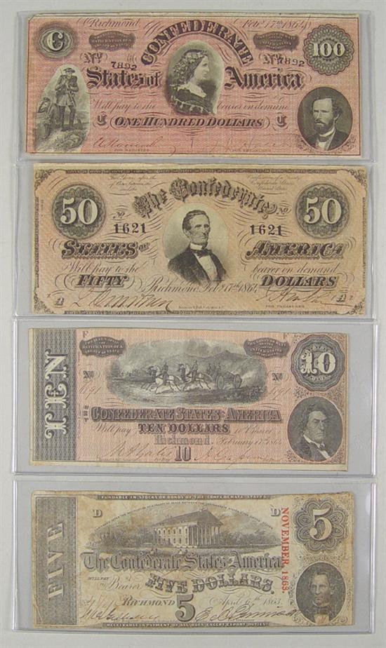 Appraisal: Four Confederate Notes Note dated grades F VF with nice