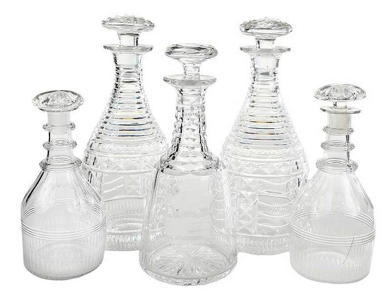 Appraisal: Five Cut Glass Prohibition Decanters British th th century two