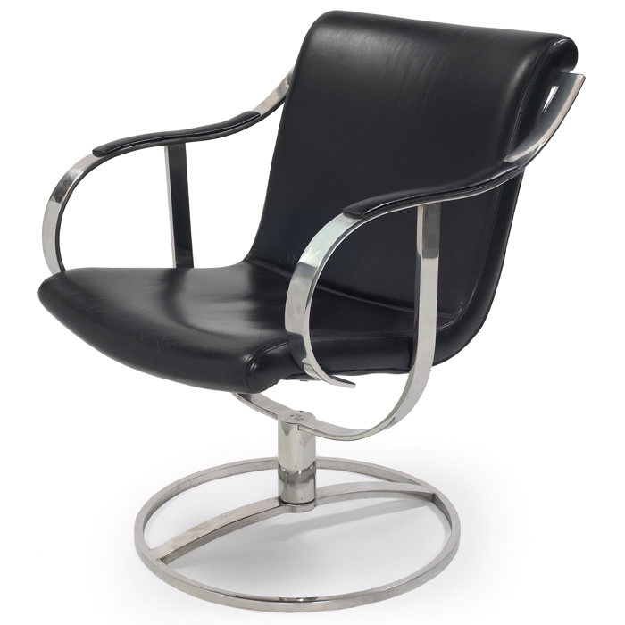 Appraisal: Steelcase chair polished steel frame with original black leatherupholstery swivels