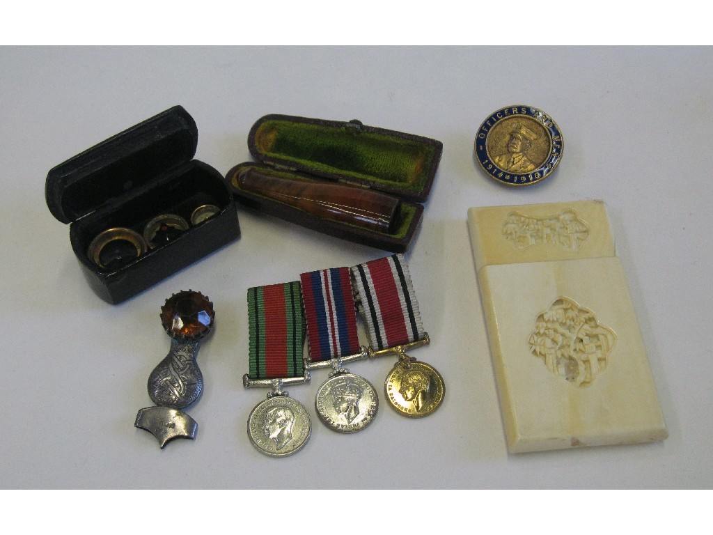 Appraisal: Lot comprising ivory card case miniature medals snuff box etc